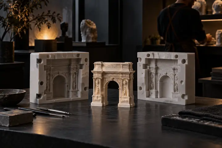 Eine skulpturale Miniatur-Bogenform mit zwei sorgfältig passenden Formhälften daneben, fotografiert in einem minimalistischen, dunklen Designstudio.